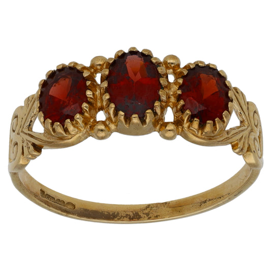 9ct Gold Garnet Trilogy Ring Size Q