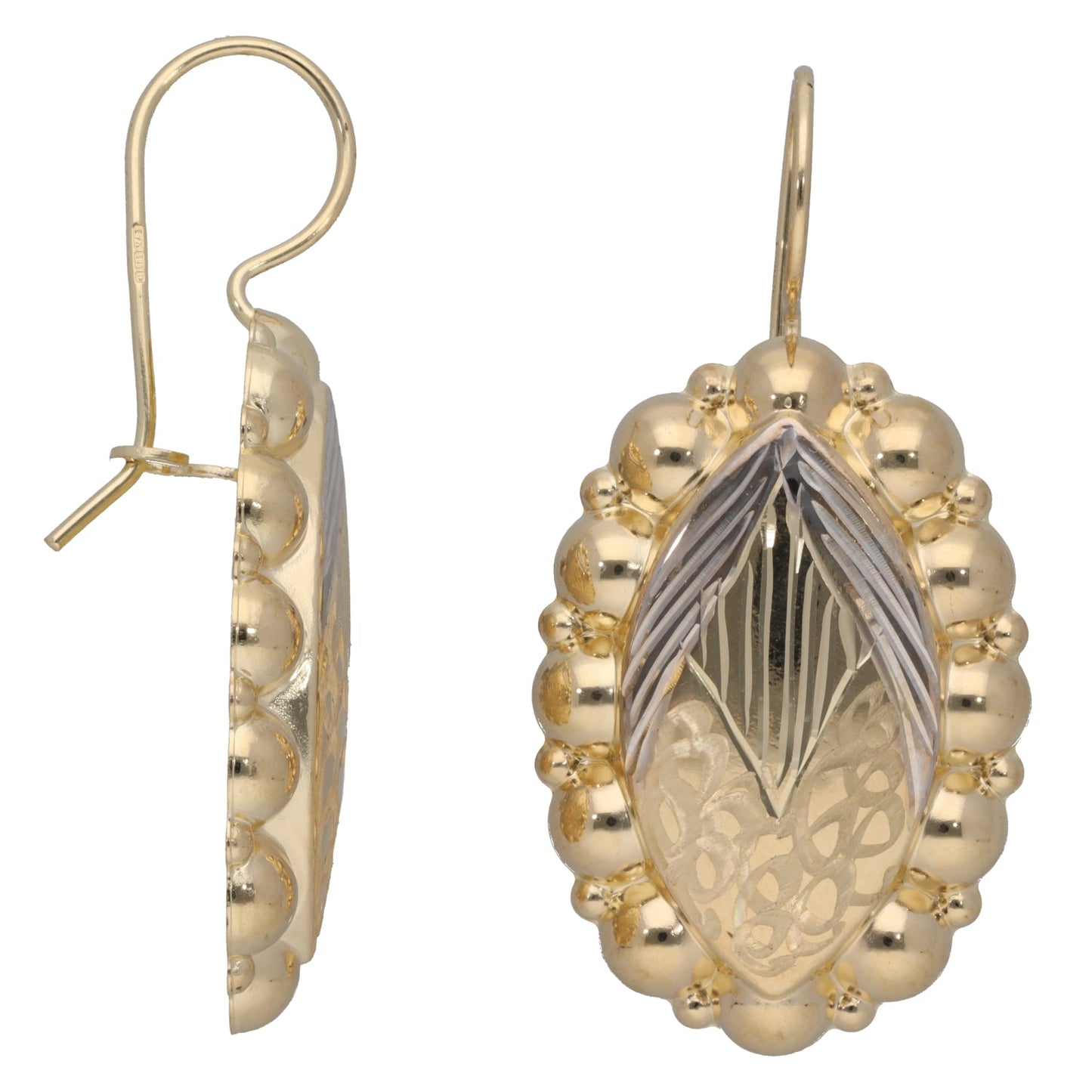 New 14ct Bi-Colour Gold Patterned Drop Earrings