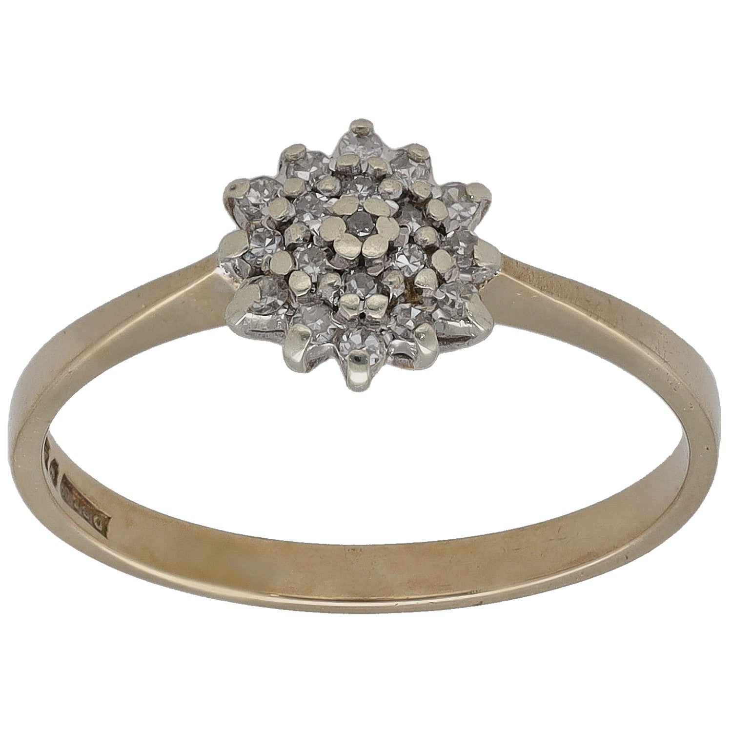 9ct gold round diamond cluster ring, round stone cluster on slim band