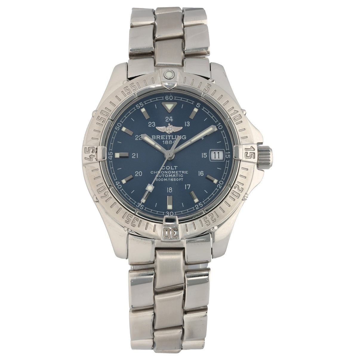 Breitling Colt A17350 stainless steel wristwatch with blue dial and date window at 3 o'clock