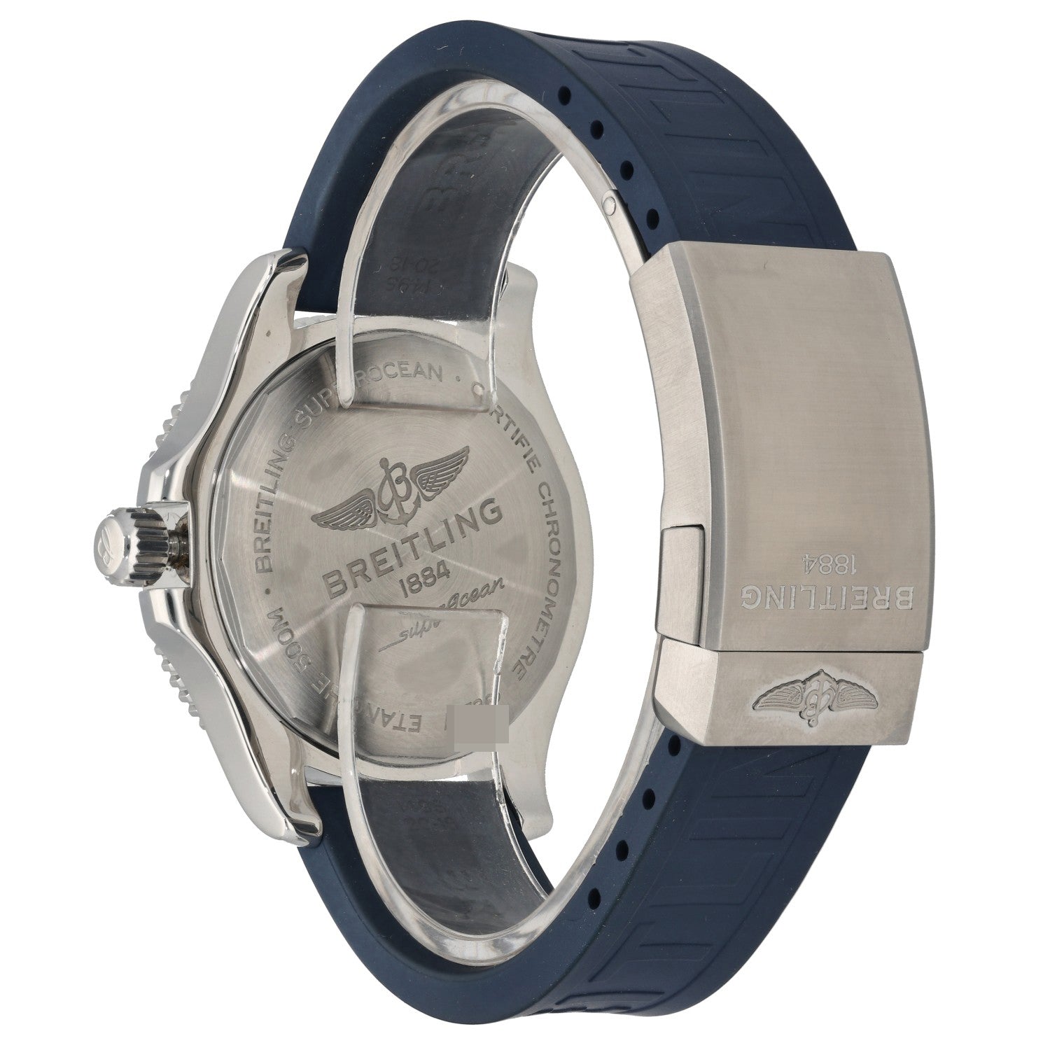 Breitling Superocean Automatic 42 A17366, with blue rubber bracelet and blue dial inside a stainless steel case, showing the rear case of the watch.