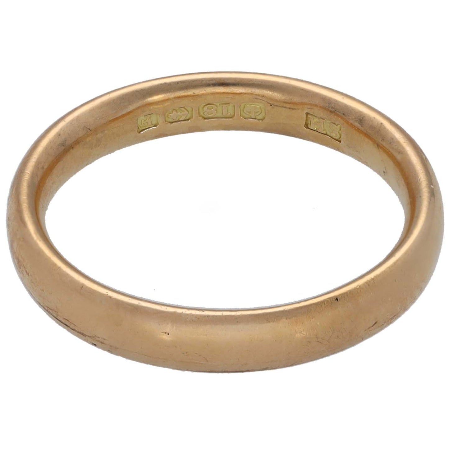 18ct gold plain wedding ring with inner hallmark engraving