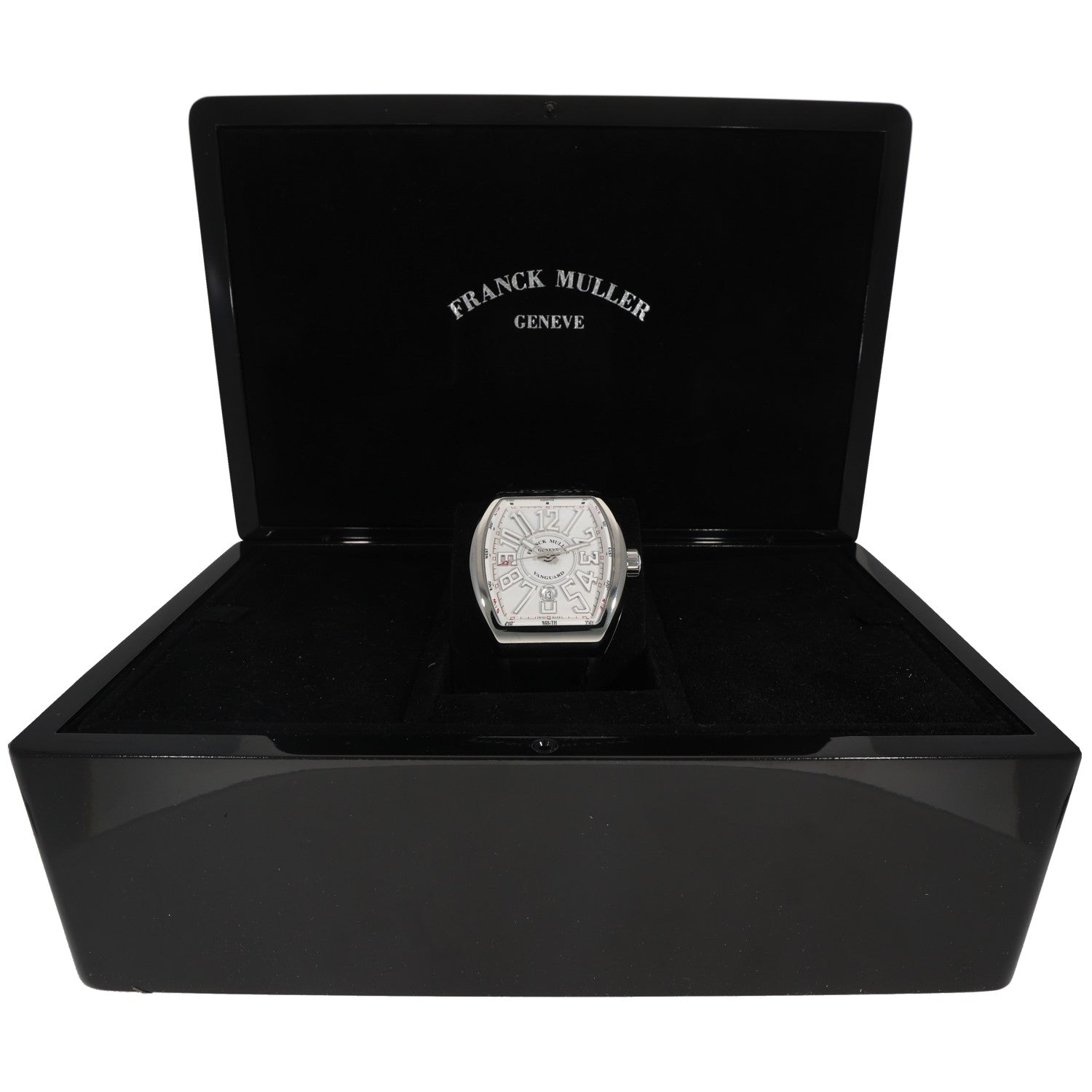 Franck Muller VANGUARD watch in black presentation box with white dial and strap