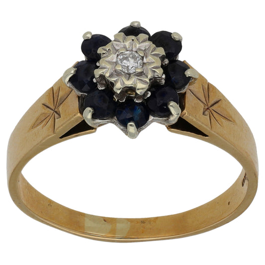 9ct Gold Sapphire & 0.04ct Diamond Cluster Ring Size Q
