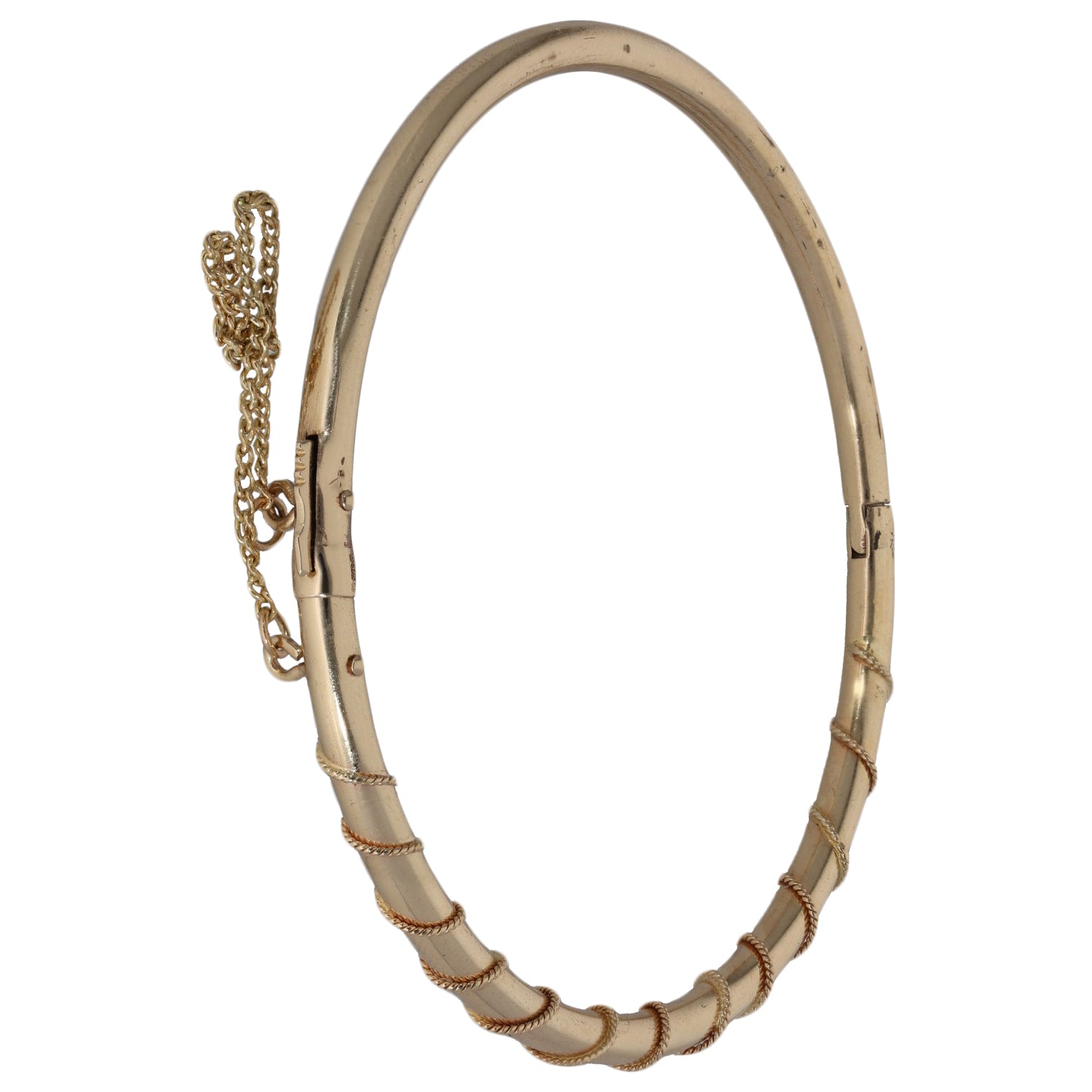 9ct gold hinged clasp bangle with chain link security at side
