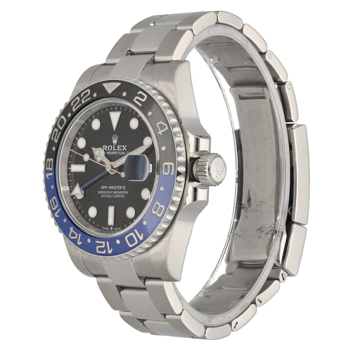 Rolex GMT Master Il 126710BLNR stainless steel watch side view, blue bezel and crown