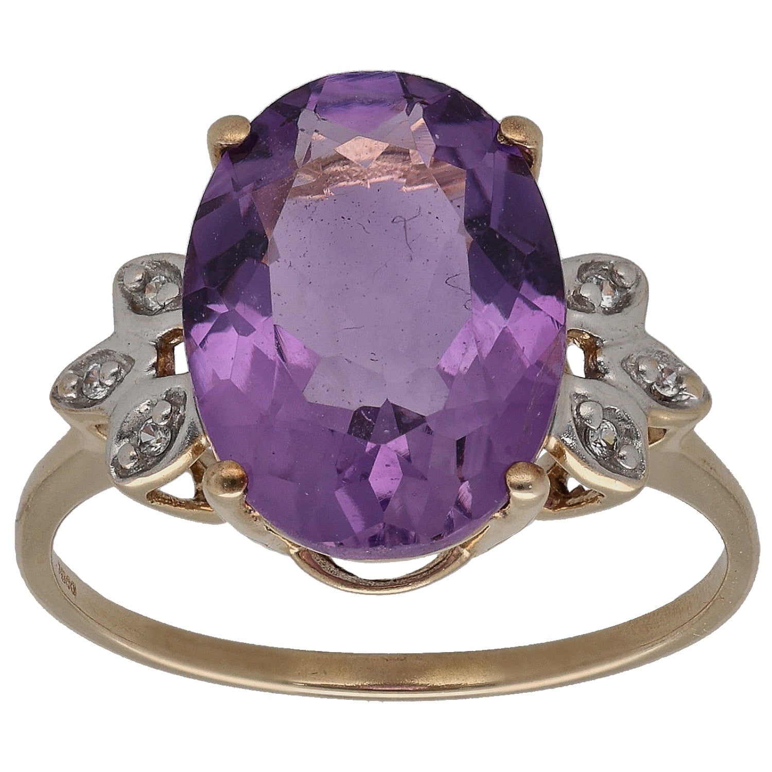 Gold cocktail ring with oval purple amethyst-style stone and diamond-like accents