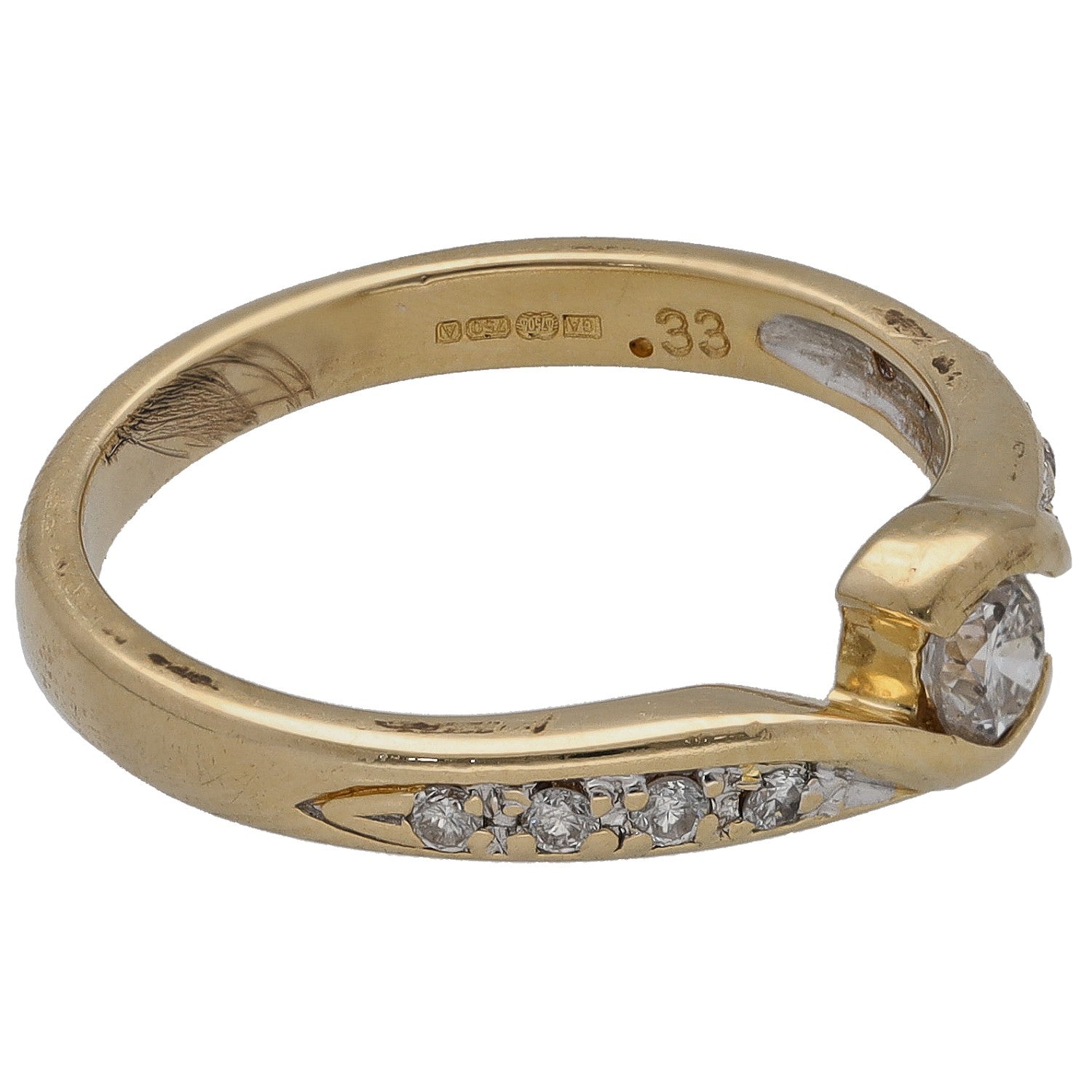 Gold ring with round center diamond, row of accent stones, and inner hallmark