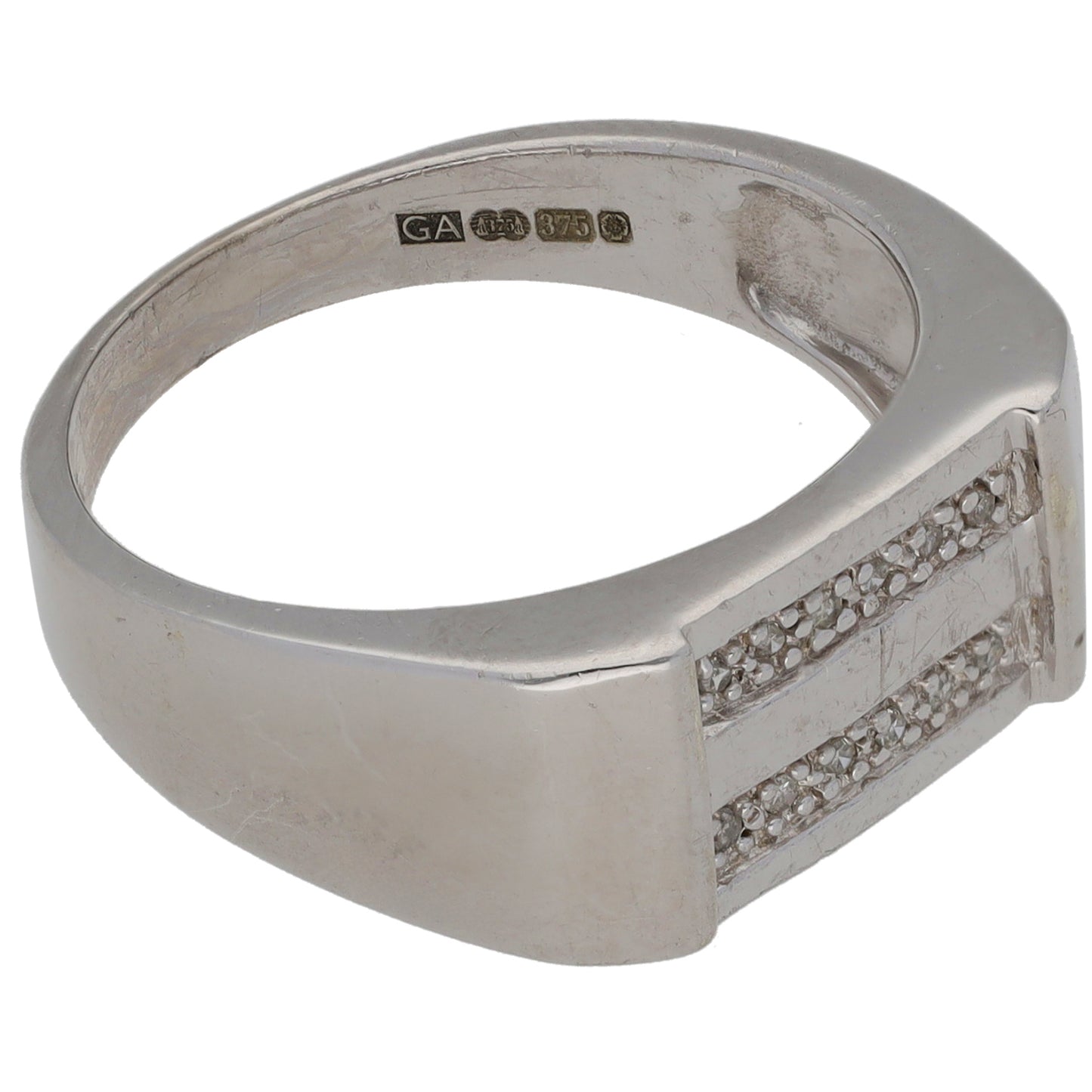 9ct White Gold 0.06ct Diamond Patterned Signet Ring Size R