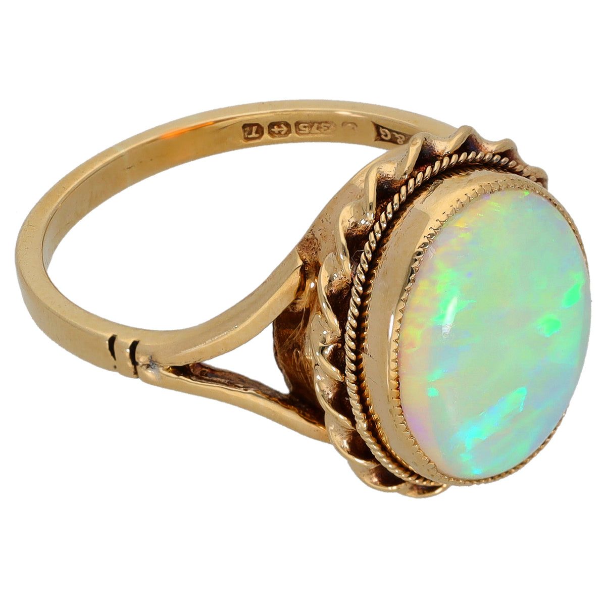 9ct gold oval opal ring, side view with rope setting and raised bezel
