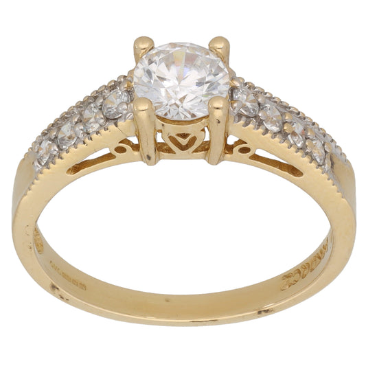 14ct Gold Cubic Zirconia Single Stone Ring with Accent Stones Size Q