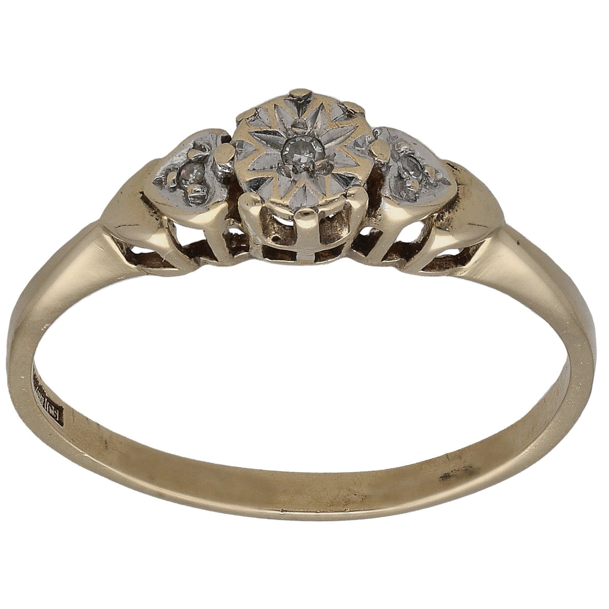 Gold three-stone ring with round diamond center and two side stones, size O