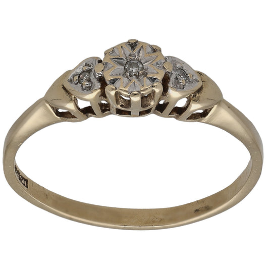 Gold three-stone ring with round diamond center and two side stones, size O