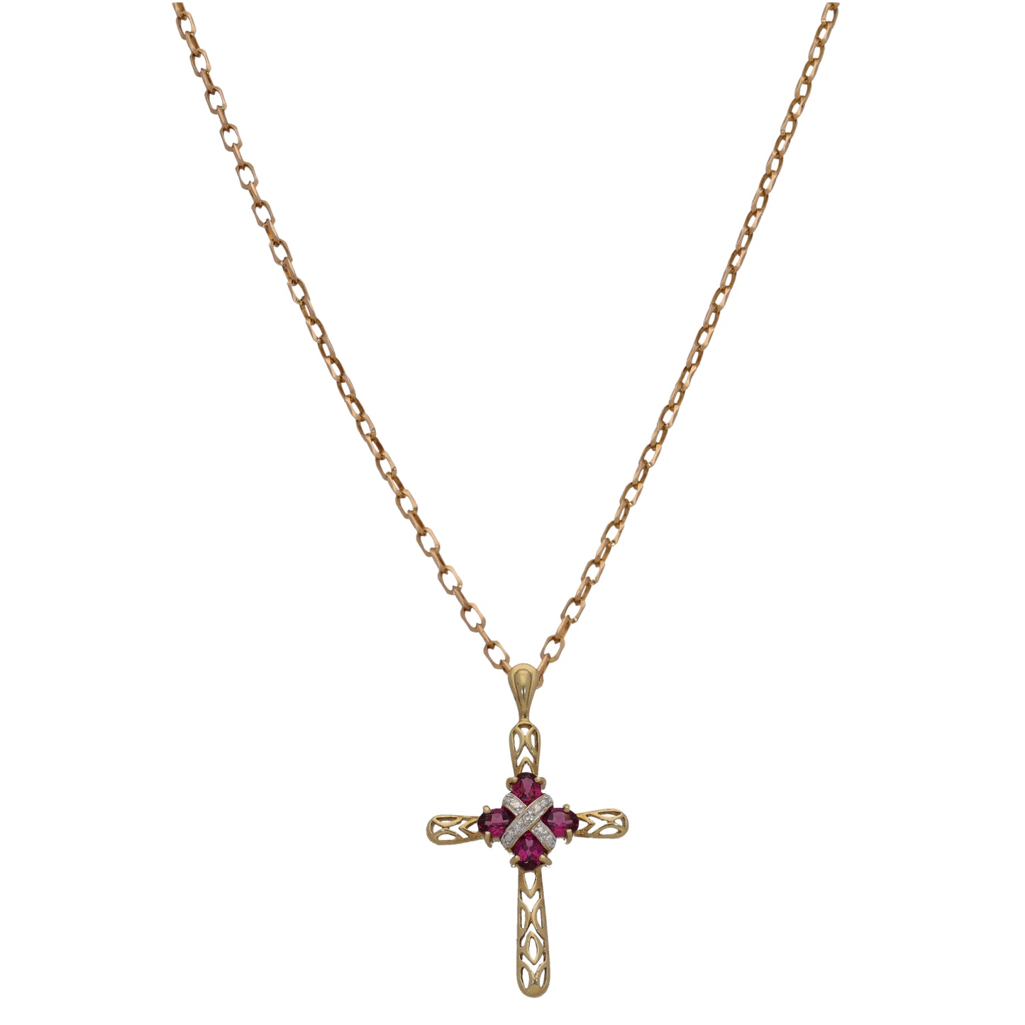 9ct Gold 0.005ct Diamond & Garnet Cross Pendant With Chain