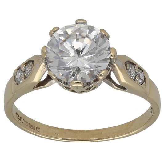 9ct Gold Cubic Zirconia Single Stone Ring with Accent Stones Size L