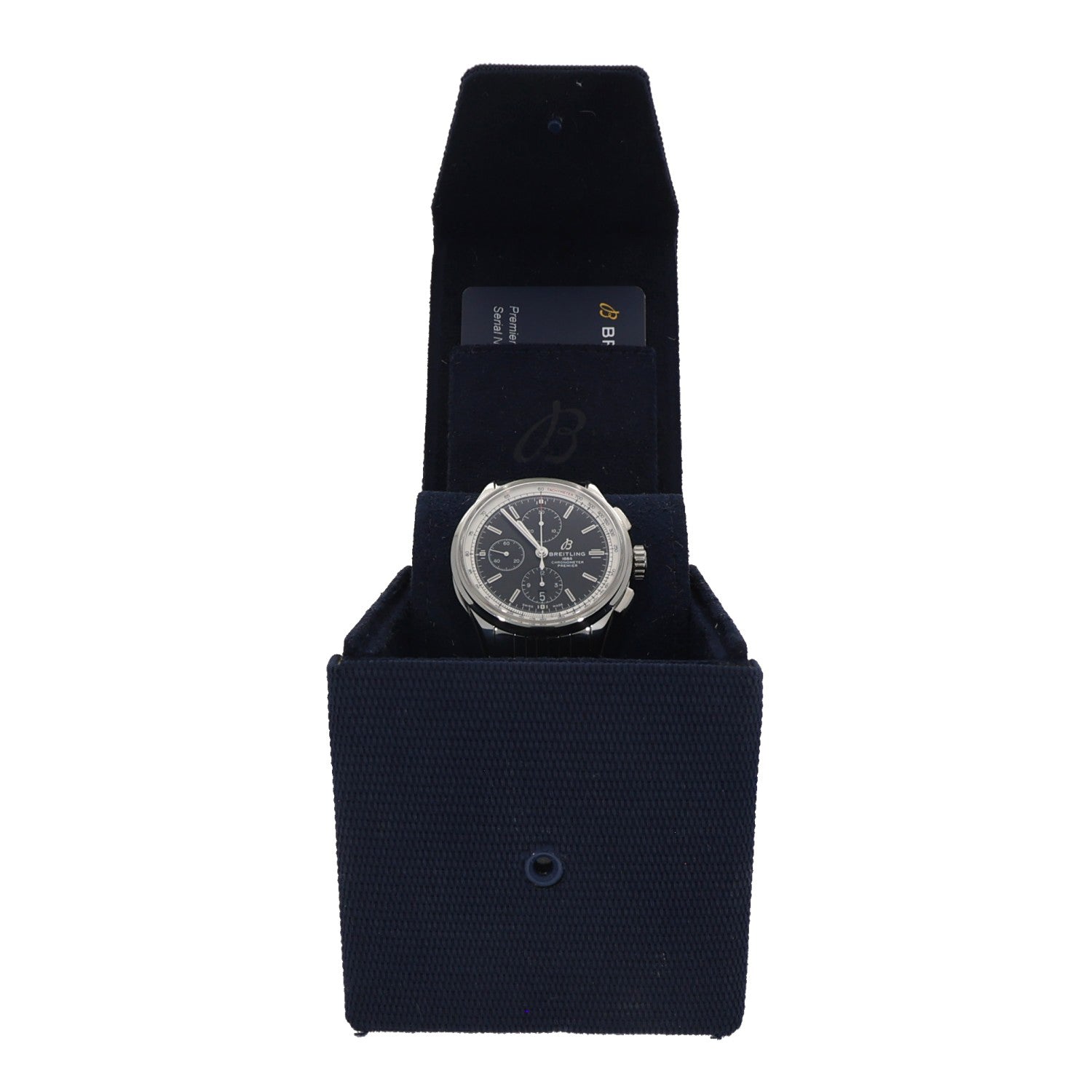 Breitling Premier A13315 Stainless steel wristwatch displayed in dark navy fabric pouch