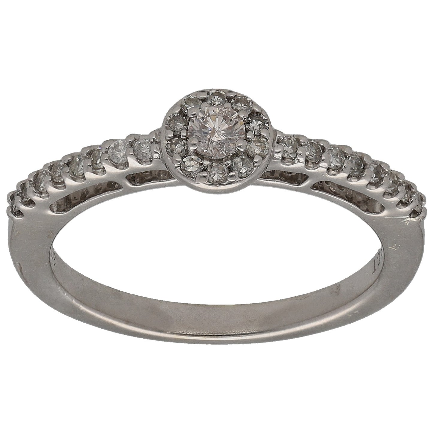 White gold diamond cluster ring with round center stones, size M