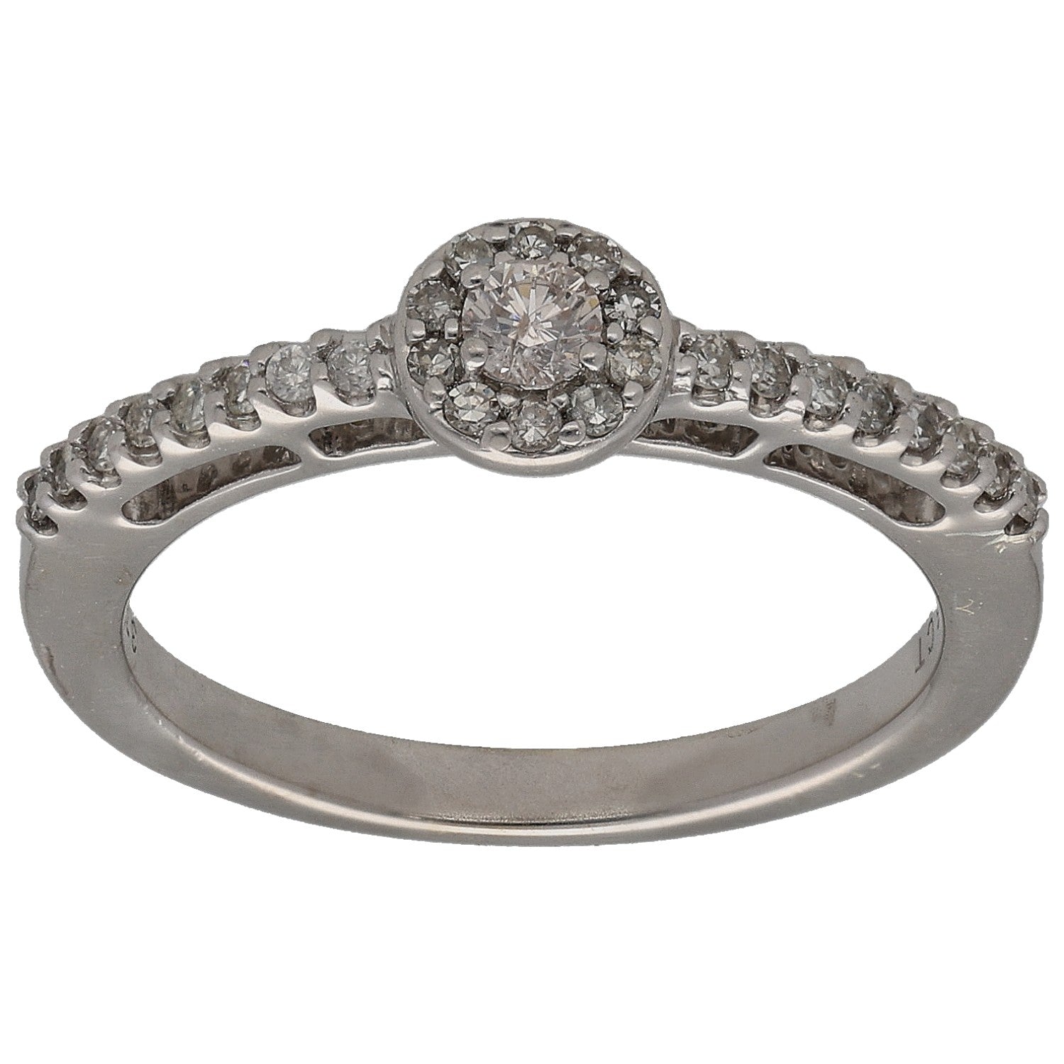 White gold diamond cluster ring with round center stones, size M