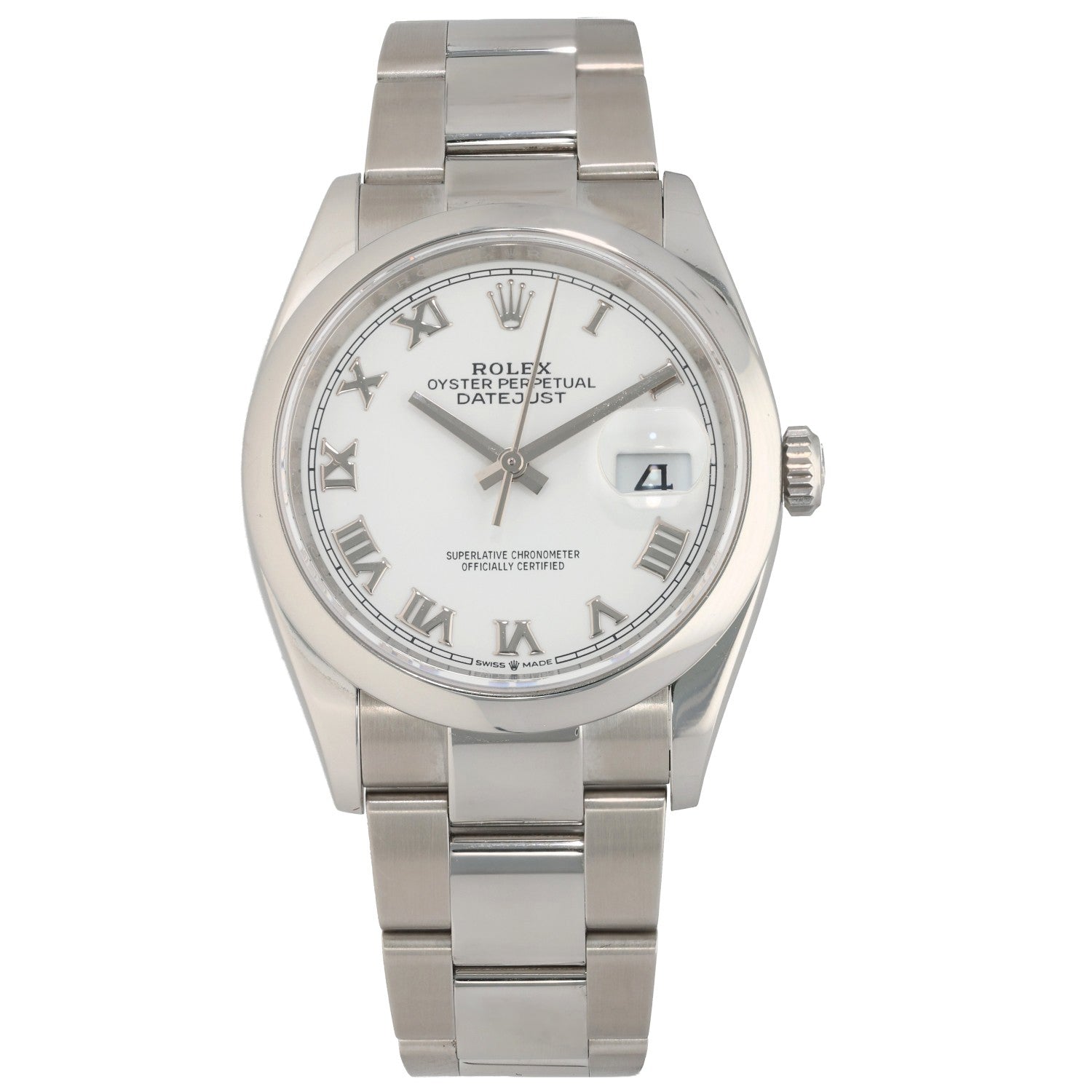 Rolex Datejust 126200, with white dial, silver Roman numeral dials, with stainless steel case and Oyster bracelet.