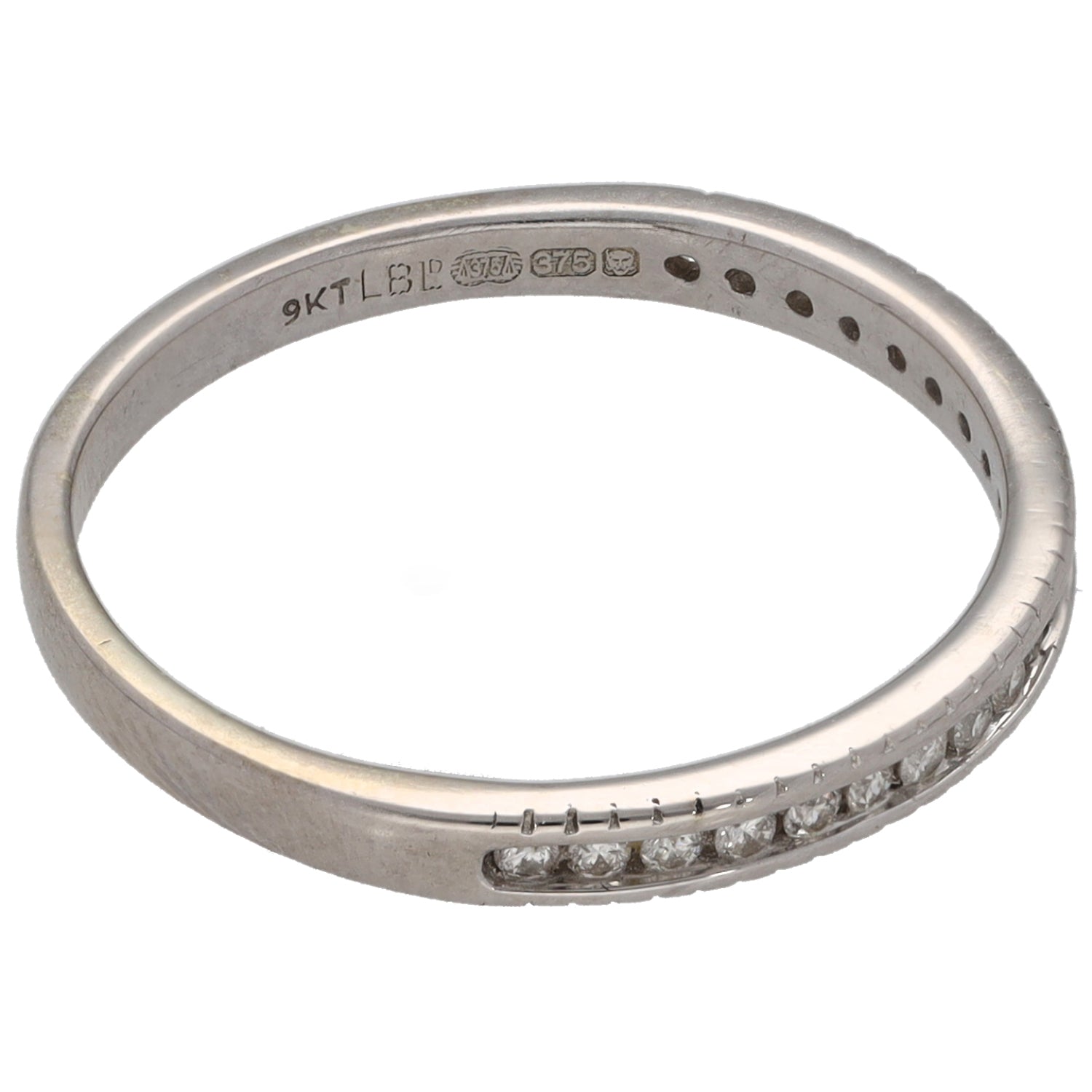 9ct white gold half eternity ring, hallmarked inside; round diamond row on band