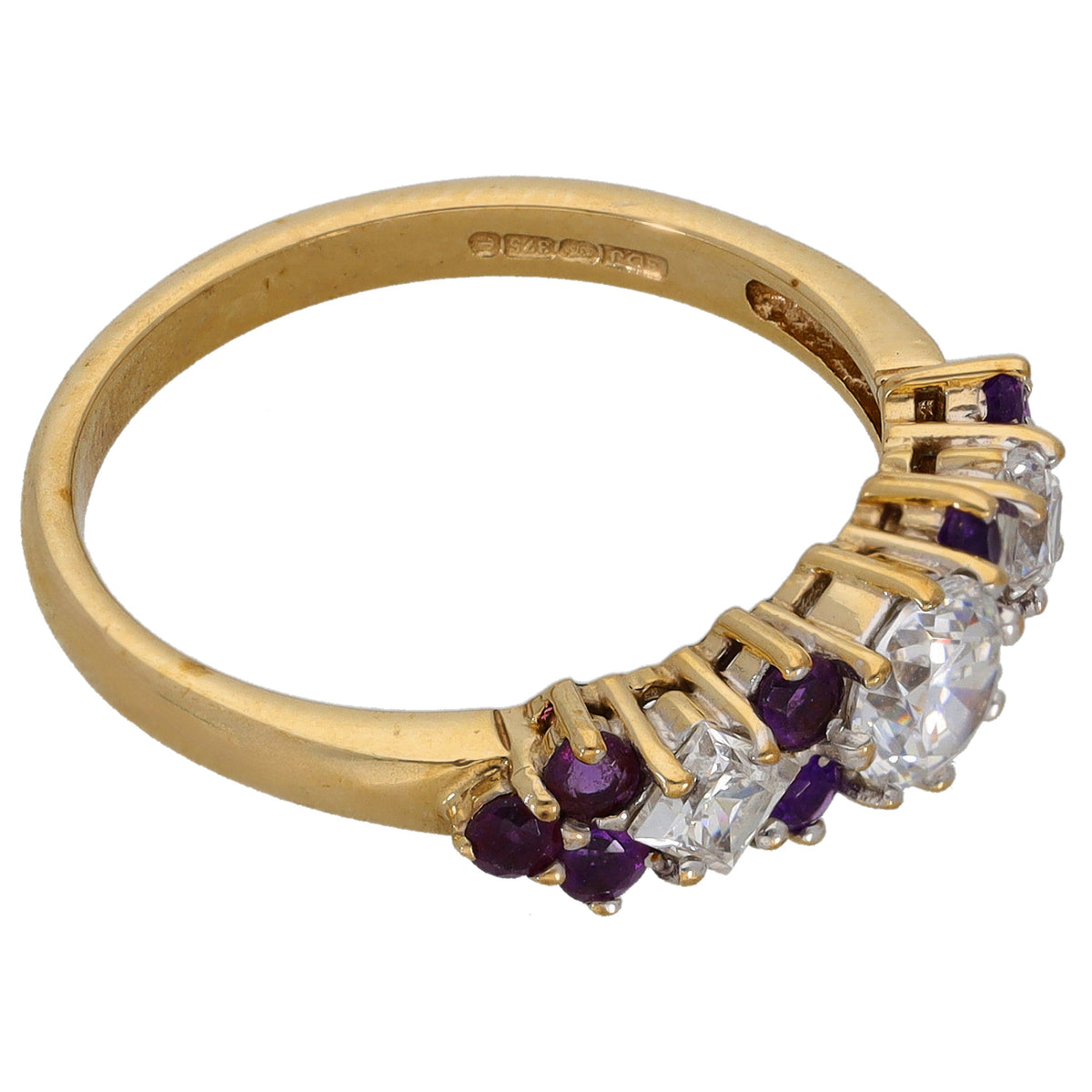 9ct gold ring angled view with clear CZ cluster and purple amethyst accents