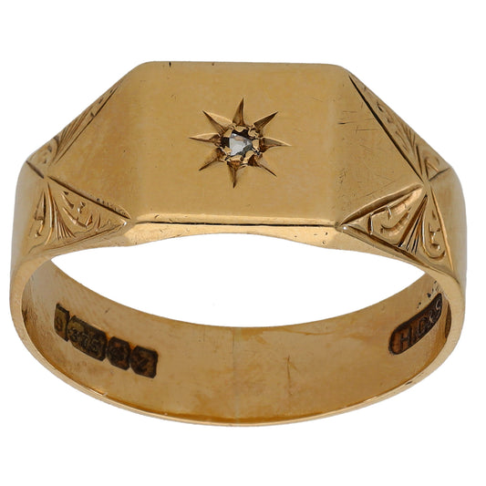 9ct Gold 0.01ct Diamond Patterned Single Stone Signet Ring Size V
