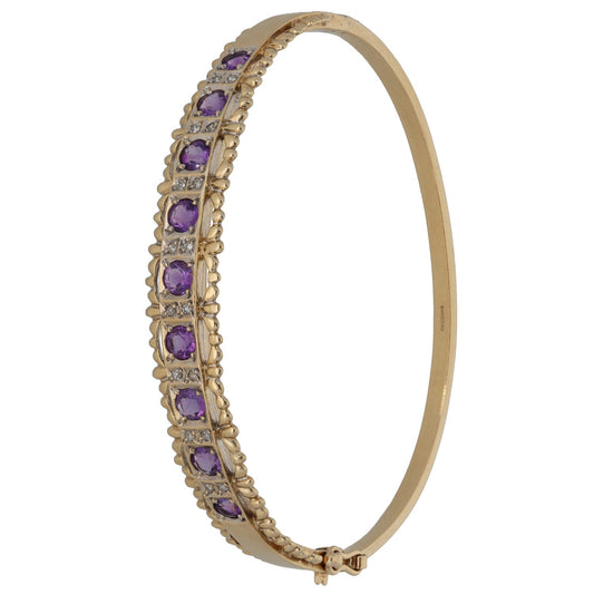 9ct Gold 0.08ct Diamond & Amethyst Hinged/Clasp Bangle