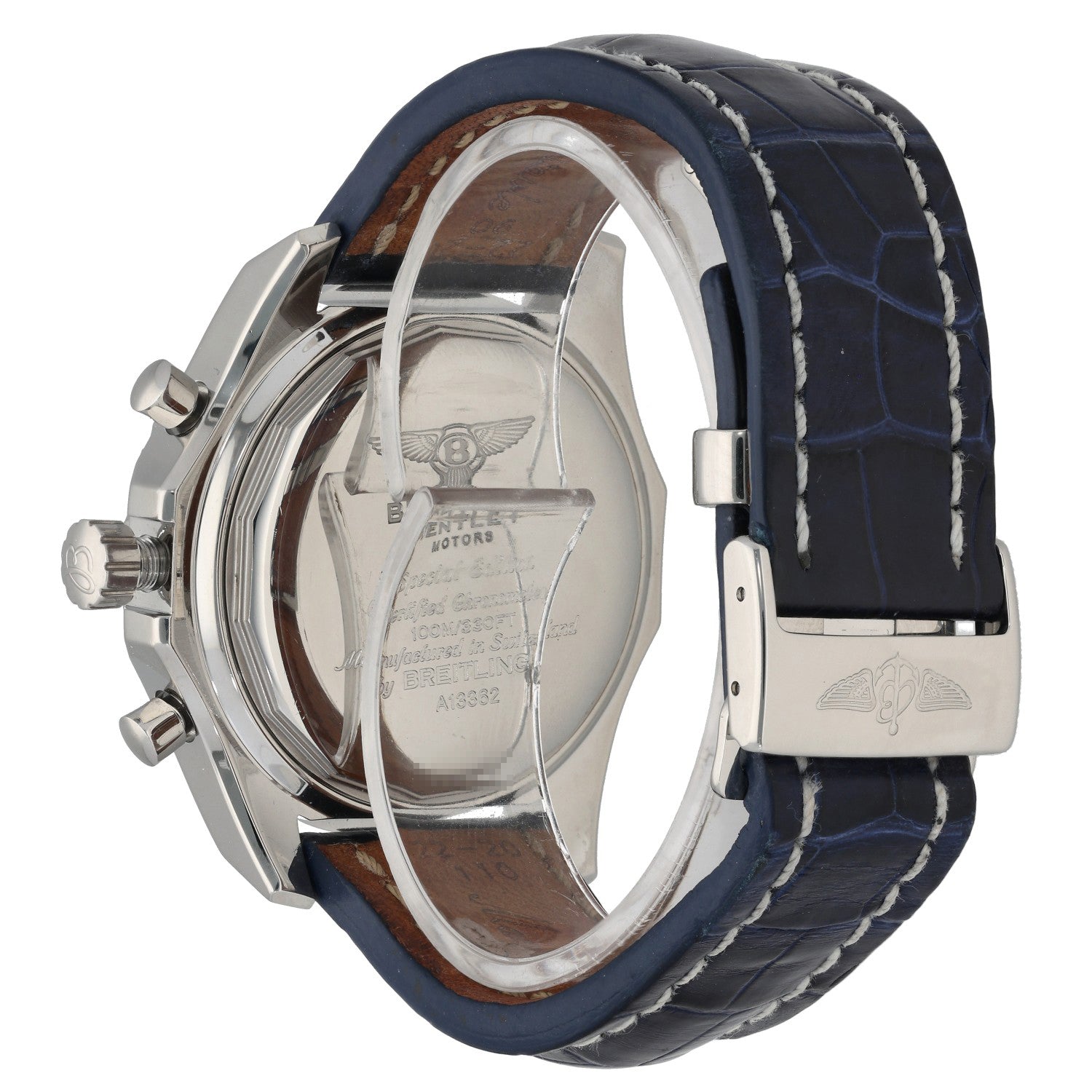 Breitling Bentley A13362 Stainless steel watch case back with navy leather strap and silver bezel