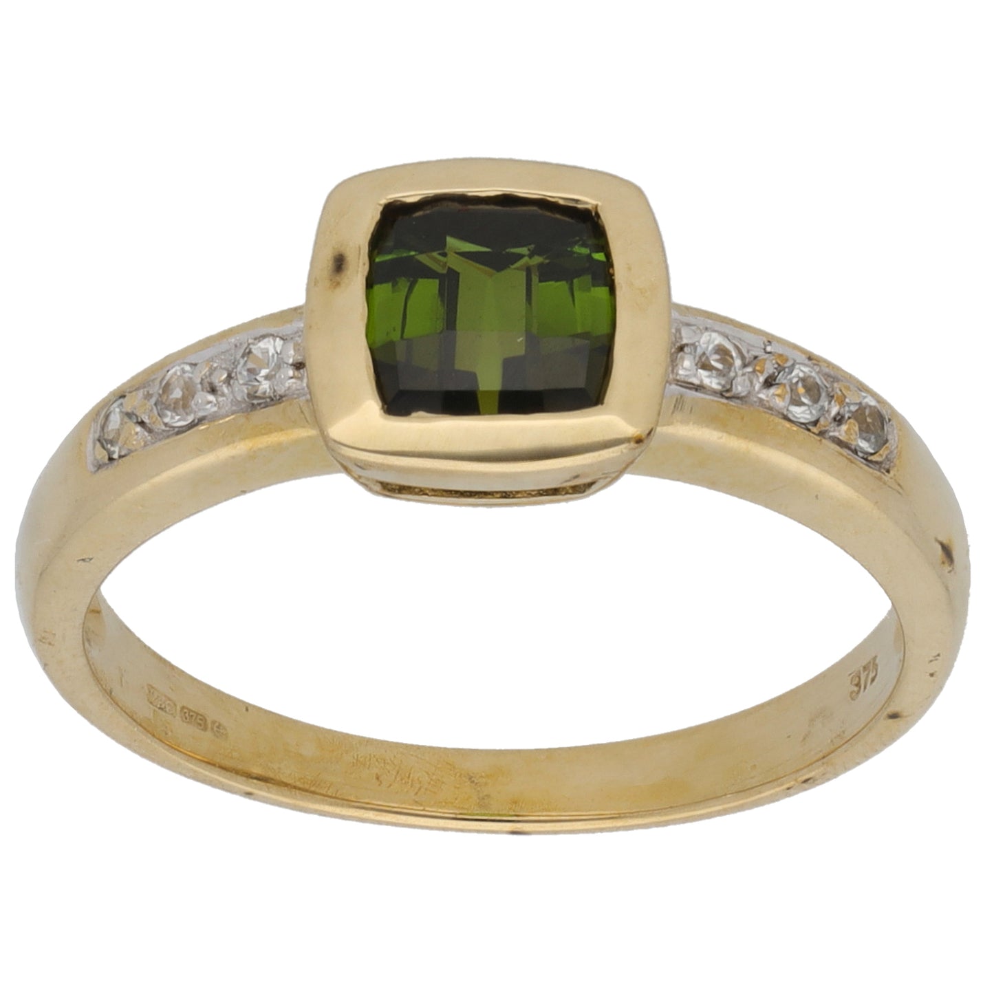 9ct Gold Diopside & Quartz Single Stone Ring with Accent Stones Size N