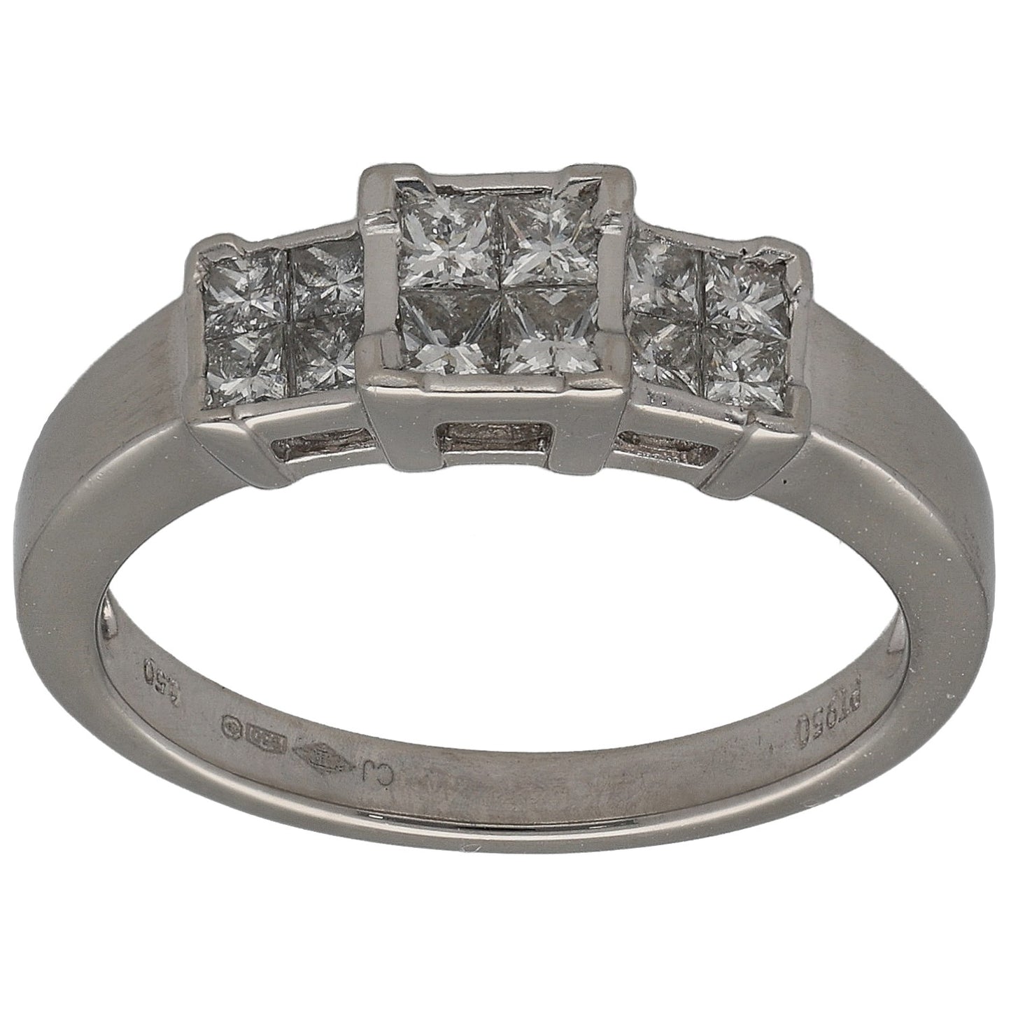 Square diamond cluster ring in platinum with princess-cut stones, side prongs visible.