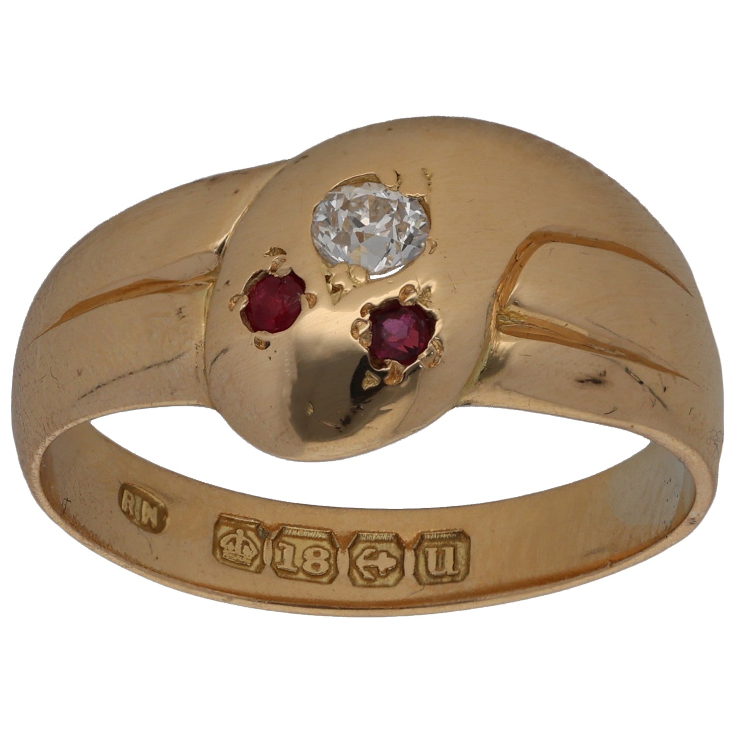 18ct Gold Ruby & 0.15ct Diamond Snake Ring Size O