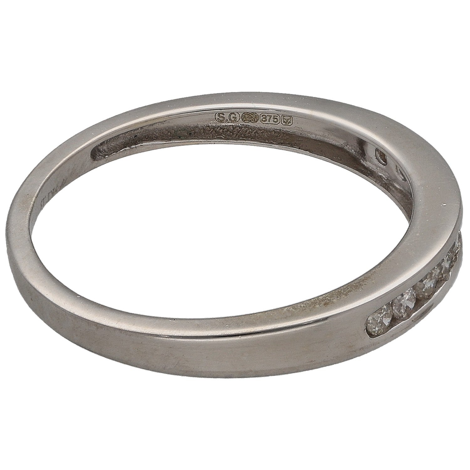 9ct white gold half eternity ring side view with round diamond setting and hallmarks