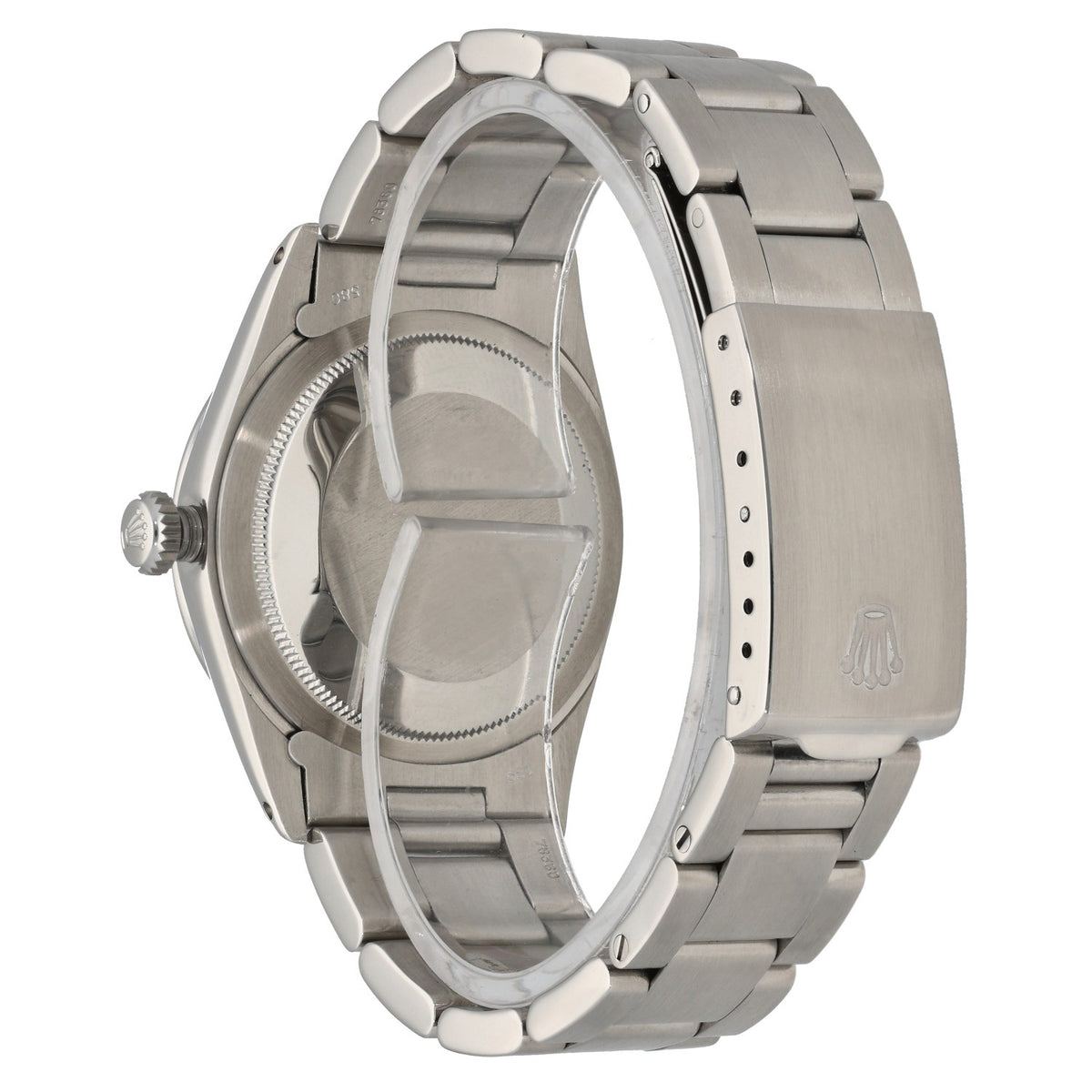 Rolex Explorer 1016, vintage watch with black dial and stainless steel, rear angle