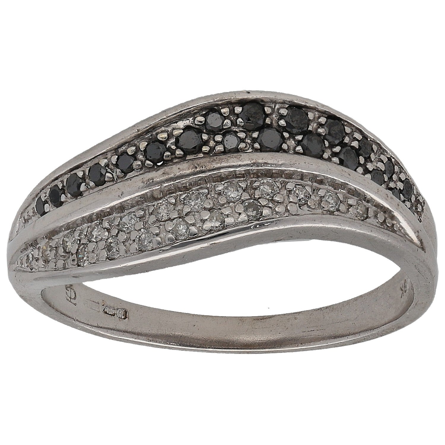 White gold half eternity ring with dark and clear round diamonds, size O