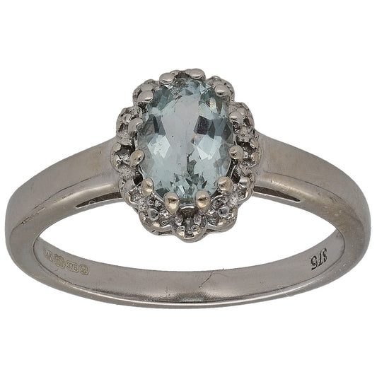 White gold aquamarine solitaire ring with halo of small round diamond accents, size L