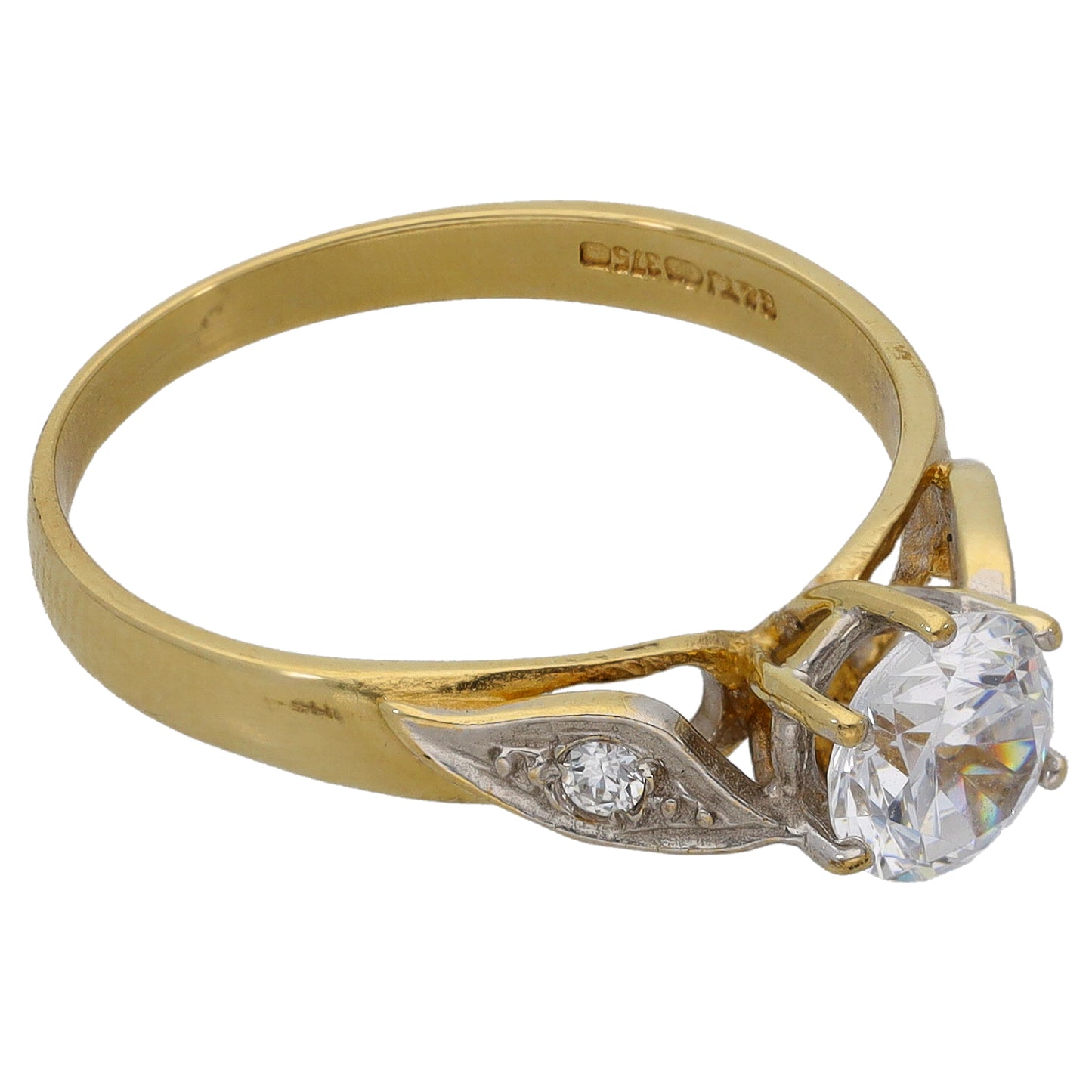9ct gold CZ single-stone ring with round center stone and side accent settings