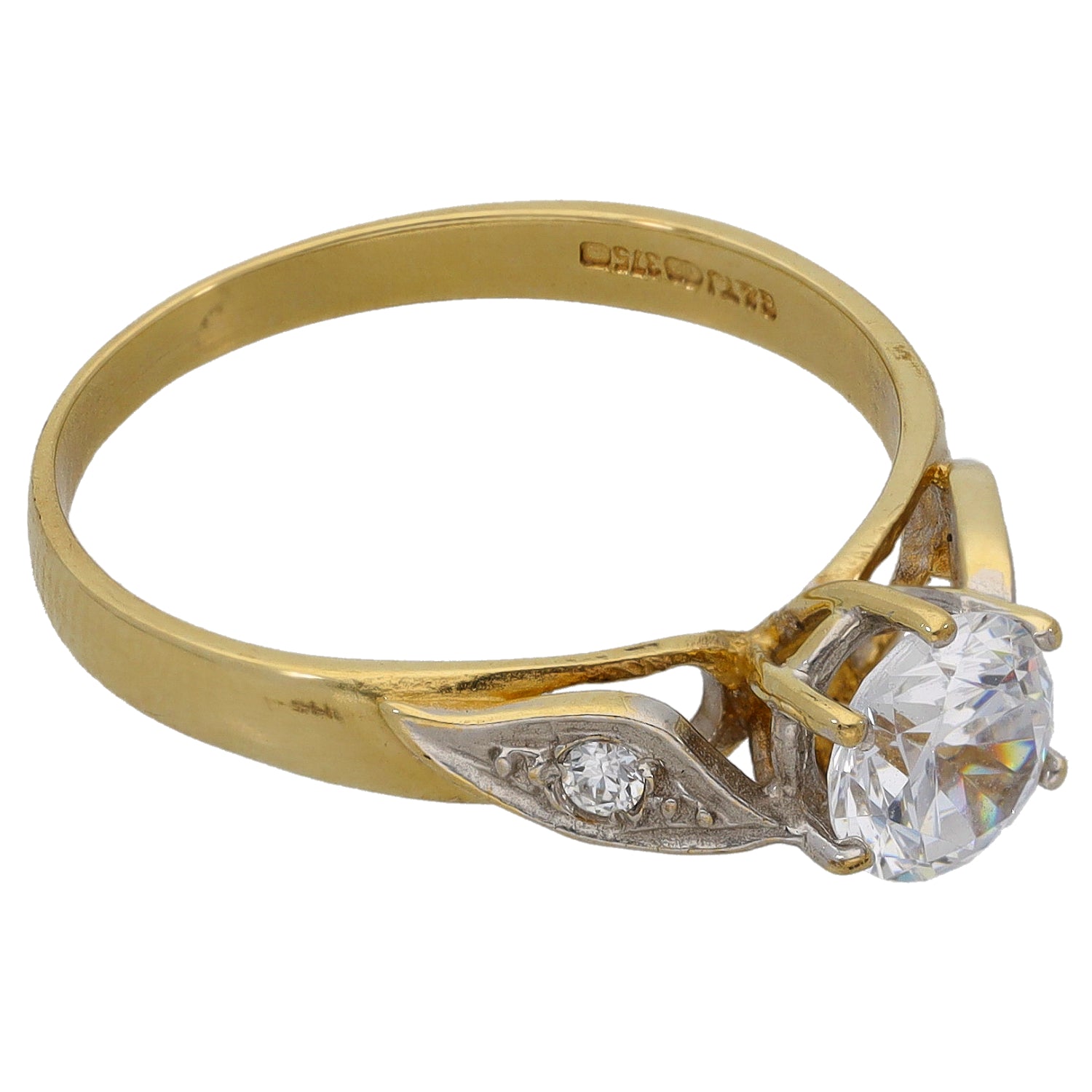9ct gold CZ single-stone ring with round center stone and side accent settings