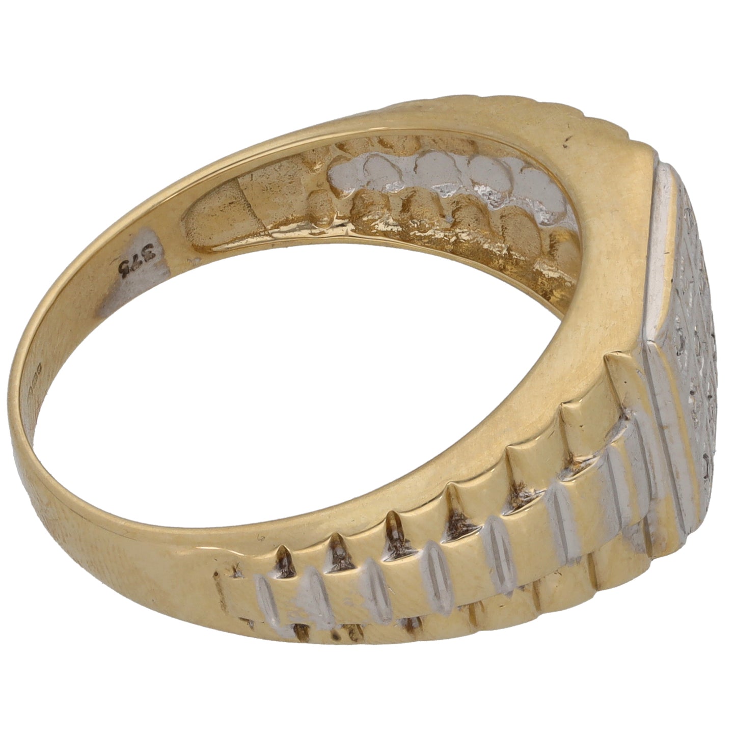 9ct Bi-Colour Gold 0.045ct Diamond Patterned Signet Ring Size V
