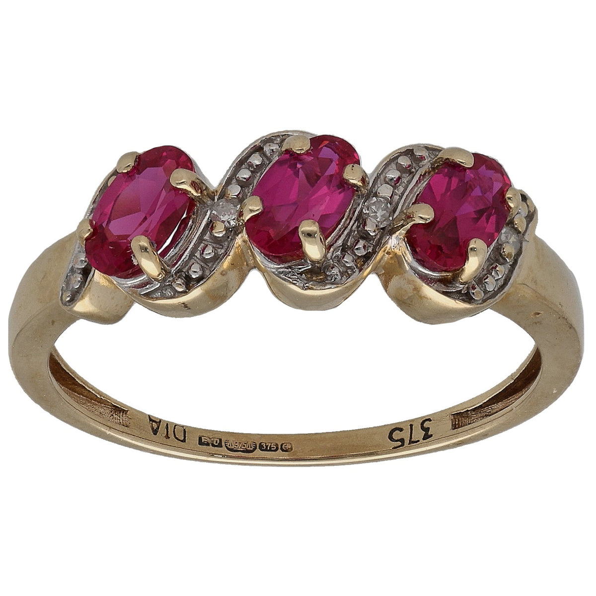 Gold ruby and diamond cluster ring with three red gemstone settings and milgrain borders
