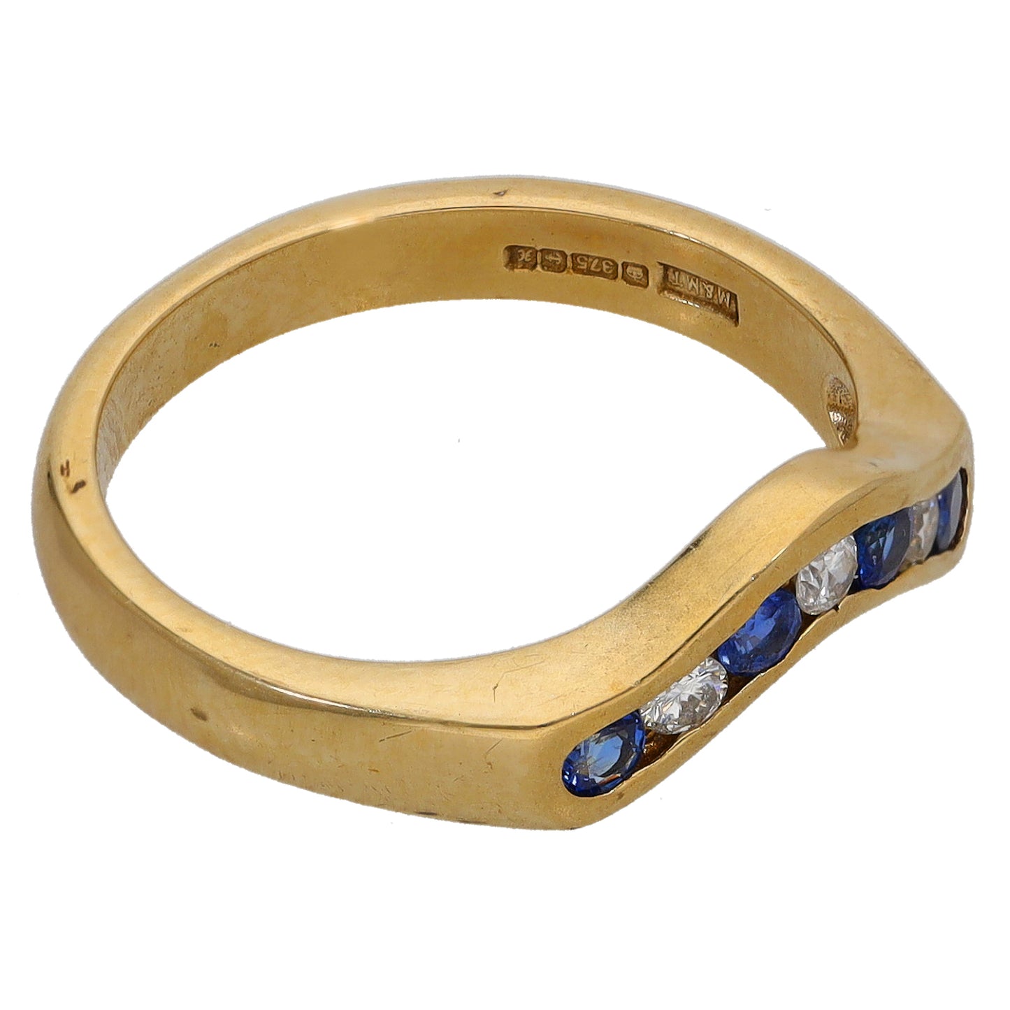 9ct Gold Sapphire & 0.15ct Diamond Wishbone Ring Size M