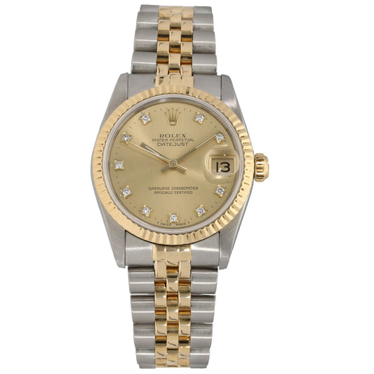 Bi-colour Rolex Datejust watch, champagne dial with diamonds and date window