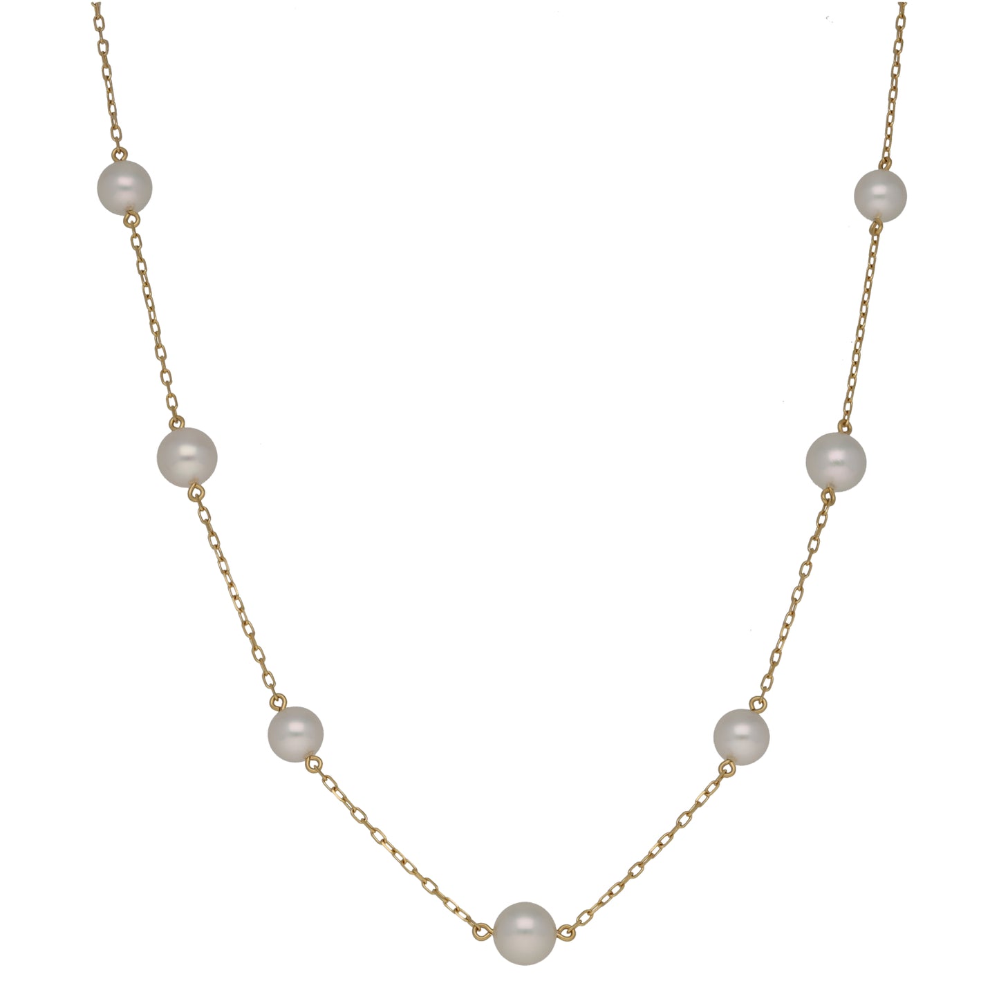 Gold cultured pearl fancy necklace with round gray pearls on a delicate chain