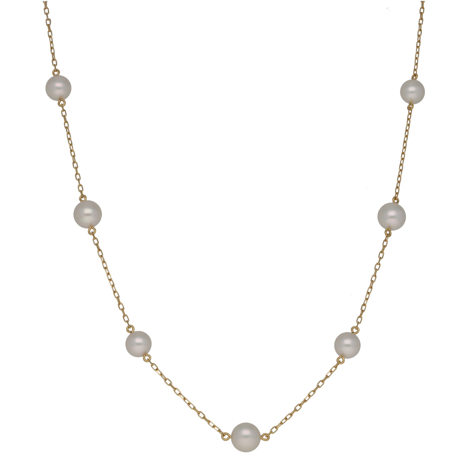 Gold cultured pearl fancy necklace with round gray pearls on a delicate chain
