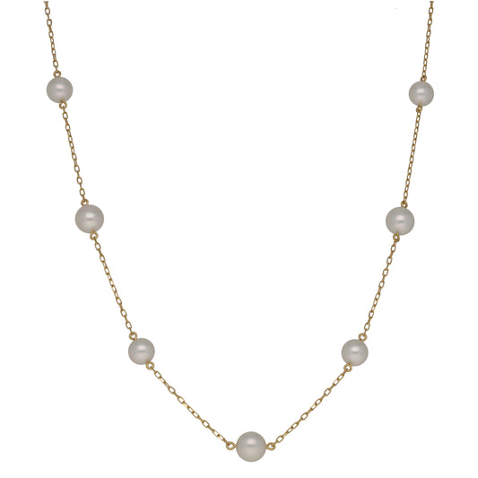 Gold cultured pearl fancy necklace with round gray pearls on a delicate chain