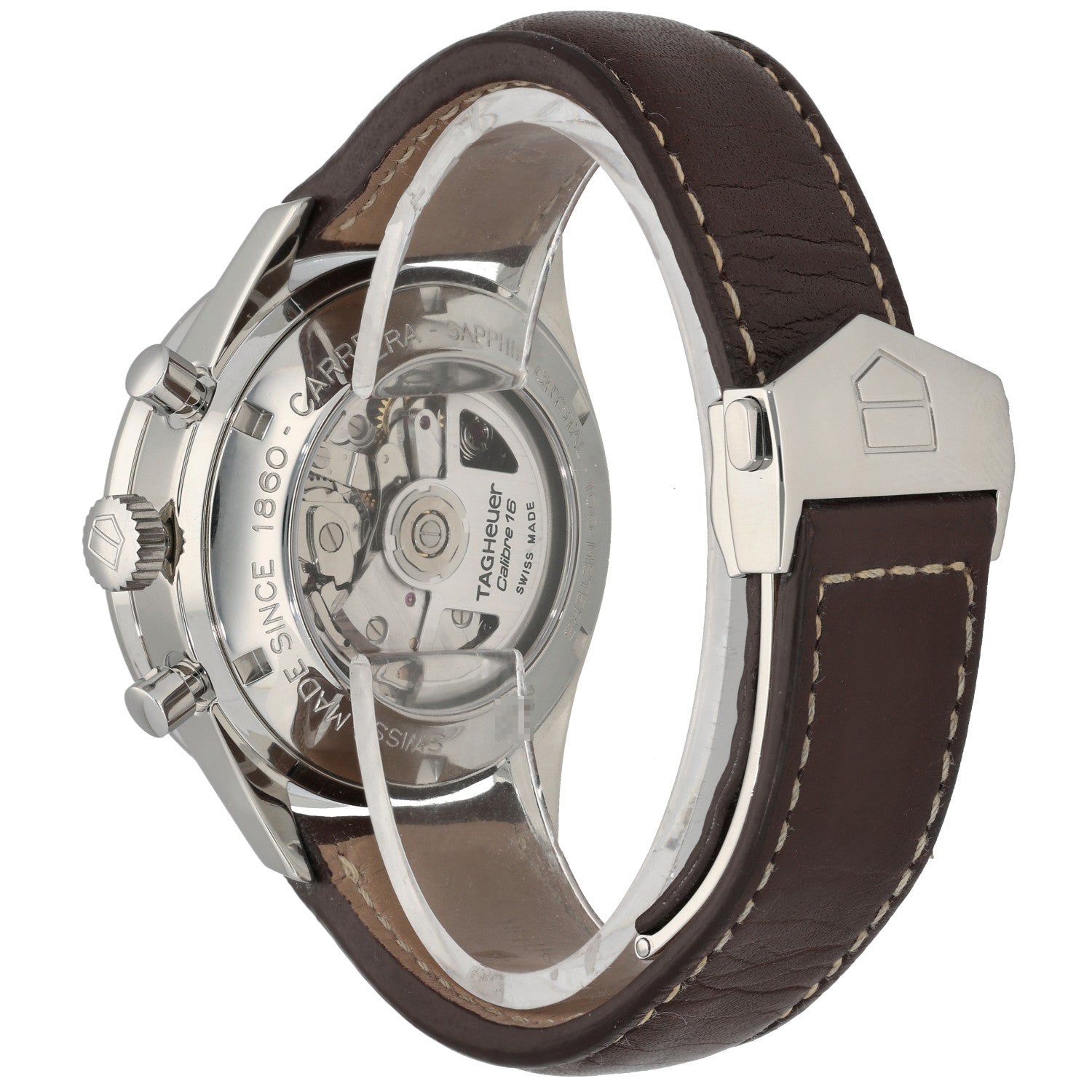 Tag Heuer Carrera CV2013-3, chocolater brown dial, bezel and leather strap, rear image showcasing movement