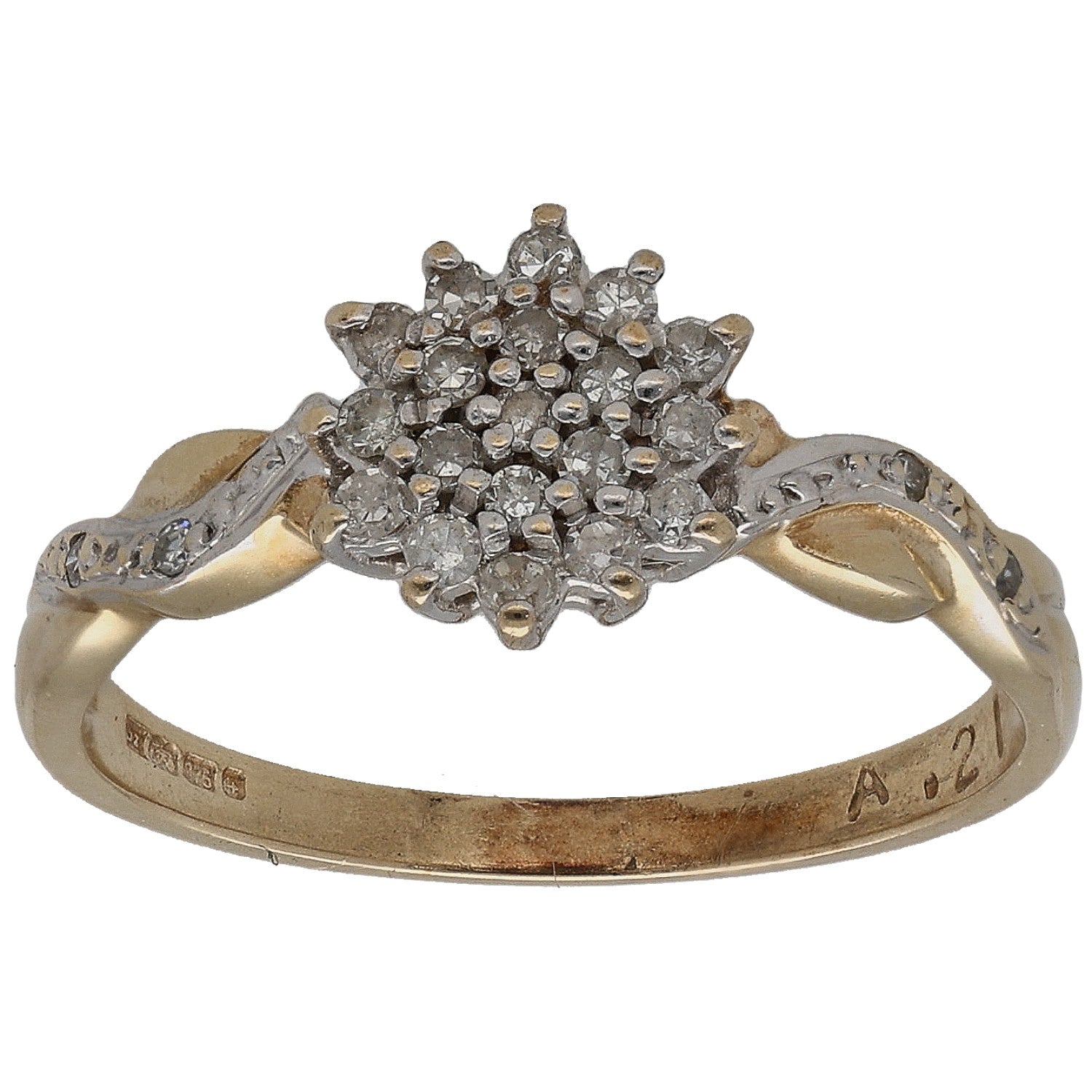 9ct gold diamond cluster ring with round cluster of small clear stones, openwork band