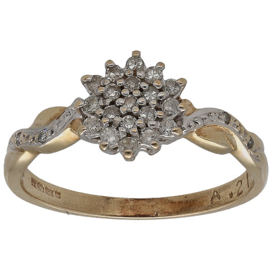 9ct gold diamond cluster ring with round cluster of small clear stones, openwork band