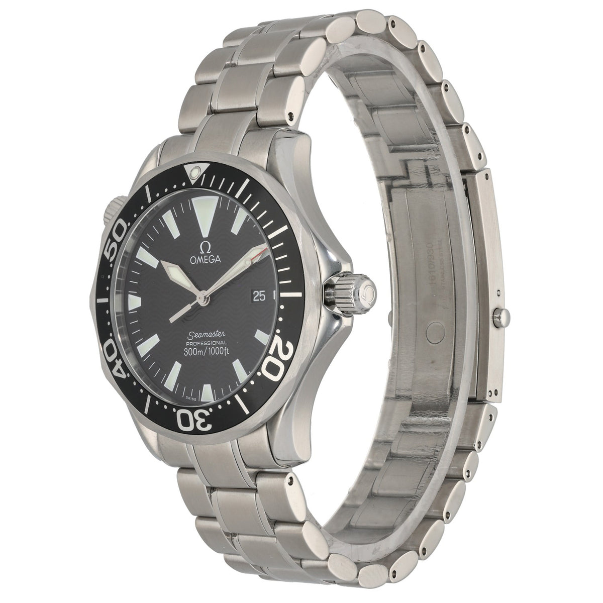 Omega Seamaster 2264.50.00 with black case and bezel in stainless steel bracelet and case, front angle