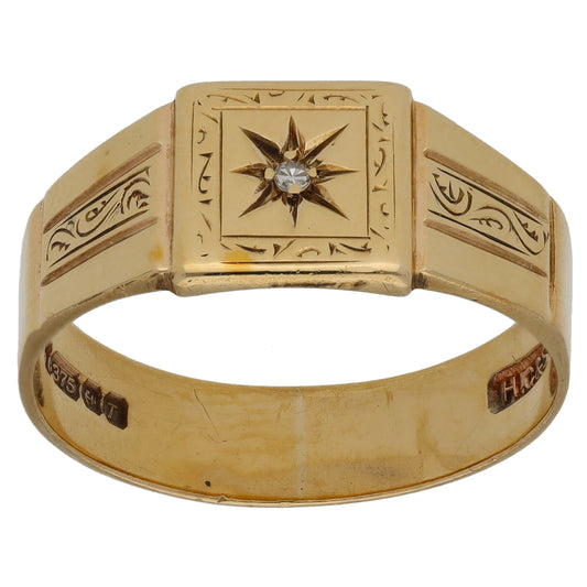 9ct Gold 0.01ct Diamond Patterned Signet Ring Size V