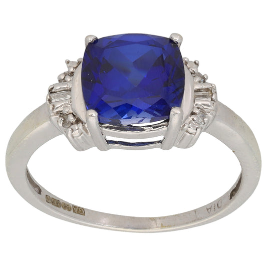 9ct White Gold Man Made Sapphire & 0.40ct Diamond Dress/Cocktail Ring Size N